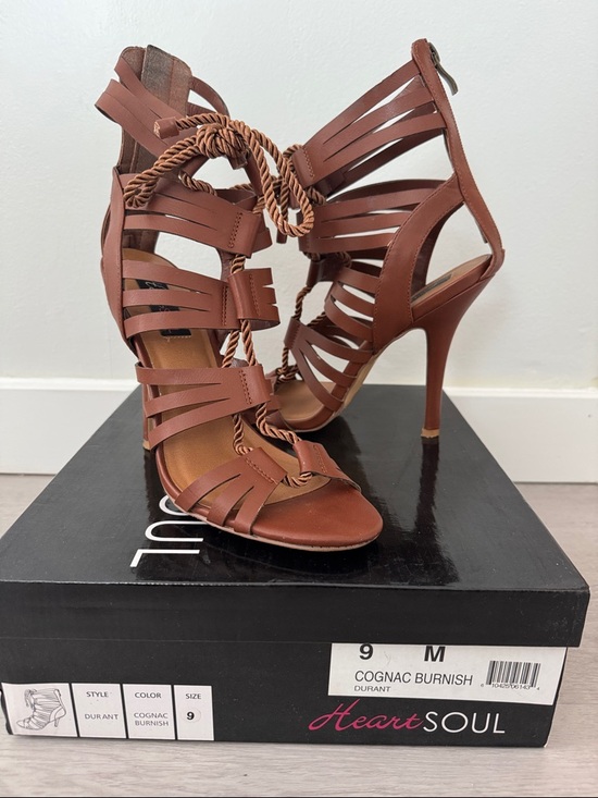 Heart Soul Shoes - Heart Soul Durant Cognac Braided Gladiator Lace-Up Heels